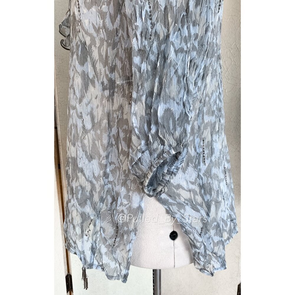 CHAN LUU Blue & Gray Sheer Viscose Blouse with Beaded Embellishments | Size M - Picture 9 of 14